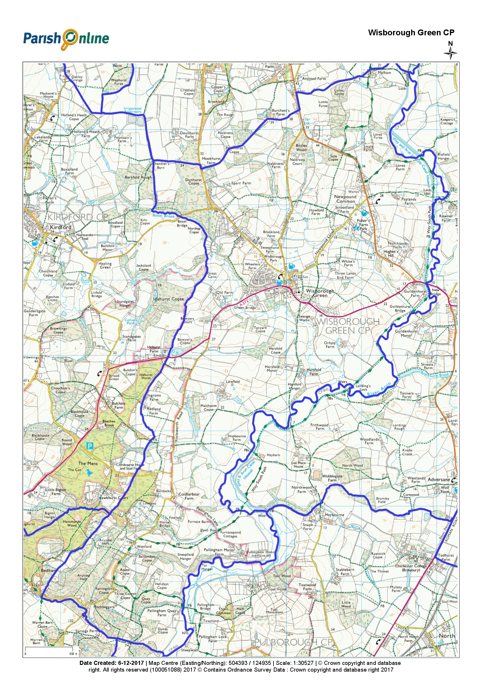 Map showing Wisborough Green Parish outlined in blue